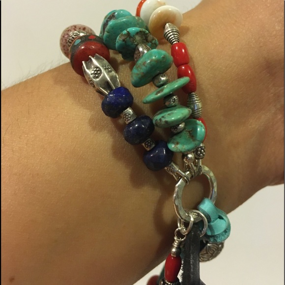 Boho Sundance Style Celestial Gemstone Turquoise Hill Tribe Silver Bracelet - Picture 5 of 10